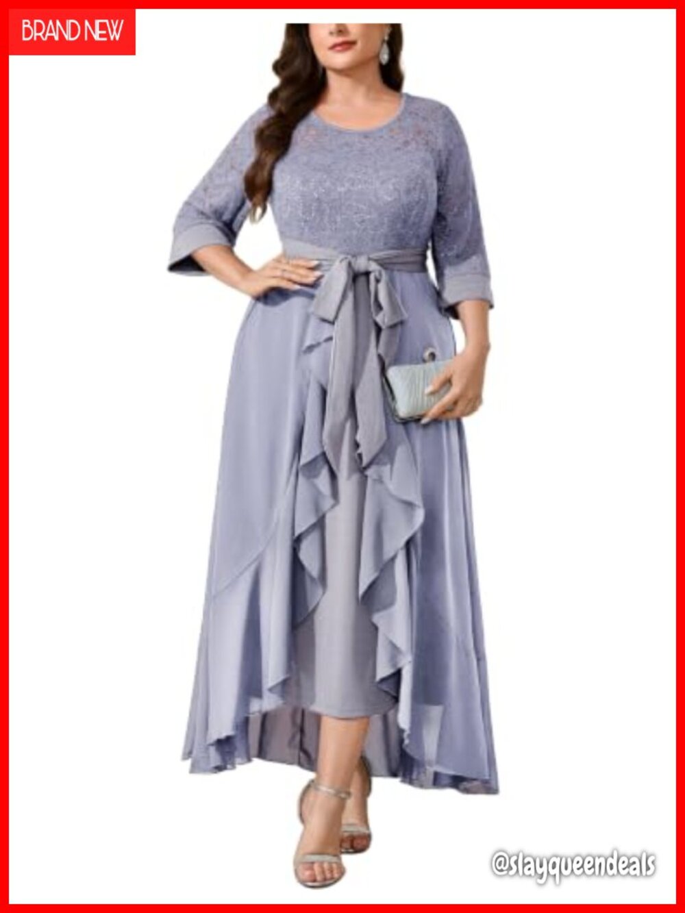 Plus Size Lace Chiffon High Low Formal Dress Sequin 3/4 Sleeve A Line Evening